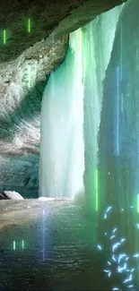 Frozen waterfall inside a cave with icy formations.