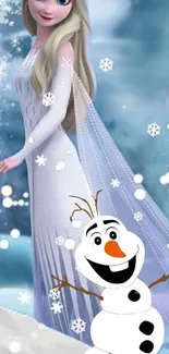 Elsa and Olaf in a snowy, magical setting with snowflakes around.