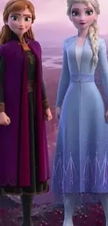 Elsa and Anna standing against a scenic backdrop in a Frozen-themed wallpaper.