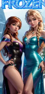 Vibrant Frozen characters wallpaper with Elsa and Anna in stylish outfits.