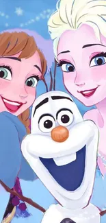 Elsa, Anna, and Olaf from Frozen in a colorful winter wallpaper.