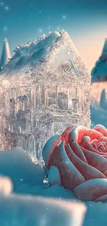 Intricate ice house surrounded by roses in a winter fantasy setting.