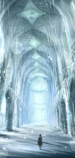 Ethereal frozen fantasy palace with icy blue tones.