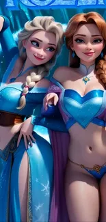 Anime-style Frozen sisters in blue theme artwork.