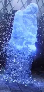 Fantasy ice figure with sparkling crystals in a mystical blue scene.