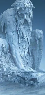 Frozen giant sculpture in winter landscape on mobile wallpaper.