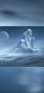 Surreal frozen giant under a moonlit sky, creating a mystical winter scene.