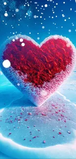 A frosted red heart on icy blue terrain, perfect for mobile wallpaper.