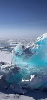 Frozen ice landscape under blue sky, serene and tranquil.