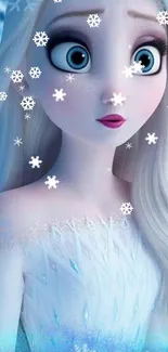 Ice princess with snowflakes in a blue, magical backdrop.