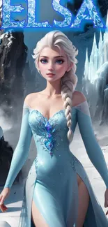 Ice queen in blue dress with snowy mountains and frosty details.