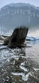 Frozen lake with stunning ice formations under a grey sky.