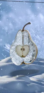 Frozen pear amidst snowy landscape, wintry art wallpaper.