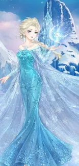 Frozen princess with magical ice powers in a fantasy landscape.