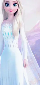 Elegant animated princess in icy blue dress with winter backdrop.