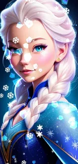 Frozen princess in blue dress with braid, fantasy art.