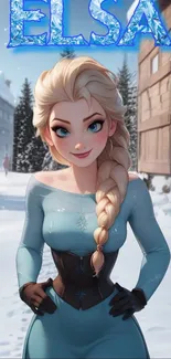 Elsa from Frozen standing in a snowy village