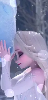 Frozen princess with icy creature in snowy forest wallpaper.