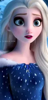 Frozen princess in elegant blue dress with winter background.