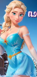 Frozen princess in blue dress with snowy background.