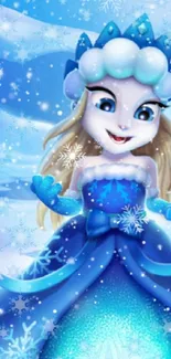 Enchanting frozen princess in a blue dress with snowflakes on a winter-themed wallpaper.