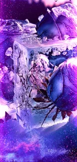 Frozen purple roses encased in ice with a dreamy background.