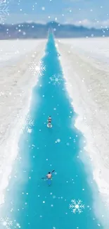 Frozen river paddling under snowflakes in winter landscape