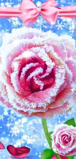 Frozen pink rose with ice crystals on a snowy blue background.