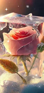 Pink rose encased in ice with a glowing background, elegant mobile wallpaper.