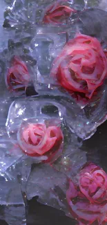 Frozen pink roses encased in shimmering ice.