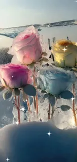 Vibrant roses encased in a clear ice block on snow.