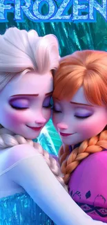 Elsa and Anna from Frozen embracing in colorful wallpaper.
