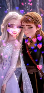 Heartwarming scene of two animated sisters in a magical embrace.