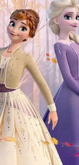 Frozen sisters wallpaper featuring Anna and Elsa in elegant dresses with lavender tones.