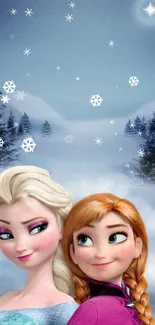 Frozen sisters in a snowy winter scene with snowflakes and pine trees.