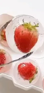 Close-up of strawberries in ice cubes for a refreshing wallpaper.