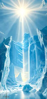 Fantasy scene of icy cliffs with radiant sunlight.