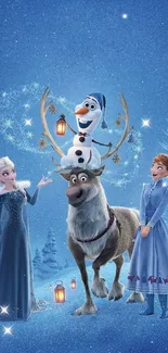 Frozen characters in a magical snowy scene.