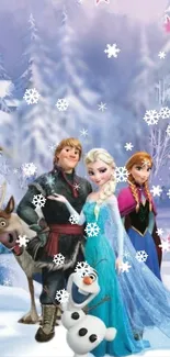 Frozen characters in a snowy winter scene with snowflakes.