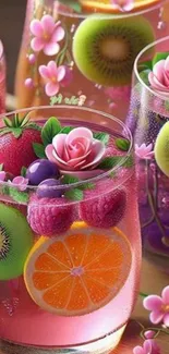 Colorful glass with fruits and flowers.