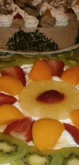 A delightful fruit tart and chocolate cake display.