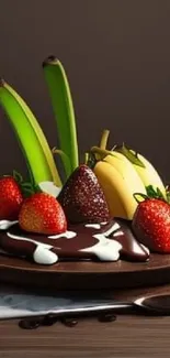 Plate with bananas and strawberries covered in chocolate.
