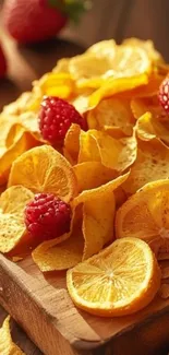 Vibrant fruit wallpaper with citrus slices and raspberries.