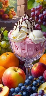 Colorful dessert with fruit and ice cream in a glass bowl.