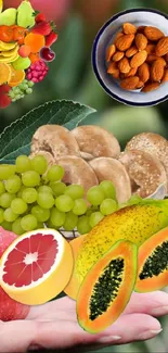 Mobile wallpaper featuring a collage of fruits and nuts with a green background.