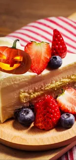 Delicious Halloween cake with fruit toppings on a wooden table.