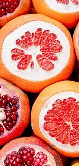 Colorful wallpaper featuring grapefruits and pomegranates.