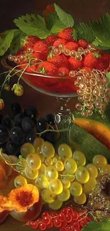 A still life painting of various vibrant fruits including grapes and berries.