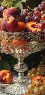 Elegant fruit still life with decorative bowl, featuring peaches and grapes.