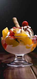 Fruit sundae with cherries and peaches in a glass dish on dark background.